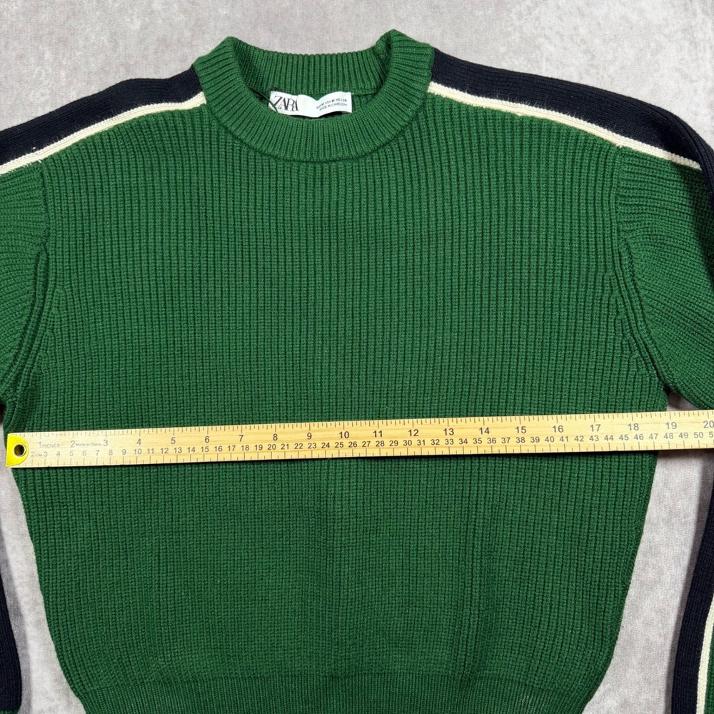 Zara Women's M Green Ribbed Knit Sweater Sporty Stripe Crew Neck Medium Y2K - Picture 4 of 5